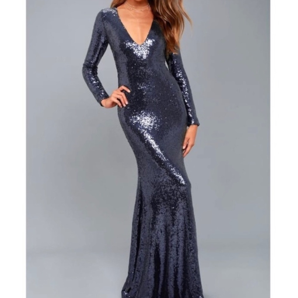 Lulu’s Capture the Moon Navy Sequin Long Sleeve Dress Gown / Size XS